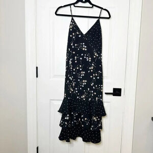 LULUS Size S Floria‎ Black Floral Polka Dot Tiered Ruffle Midi Dress
